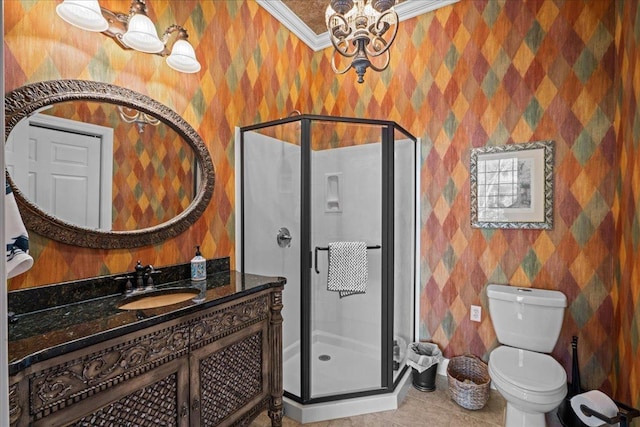 full bathroom featuring a shower stall, wallpapered walls, ornamental molding, vanity, and tile patterned flooring