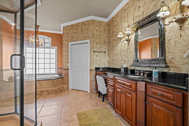 full bathroom with a shower stall, a garden tub, crown molding, and vanity