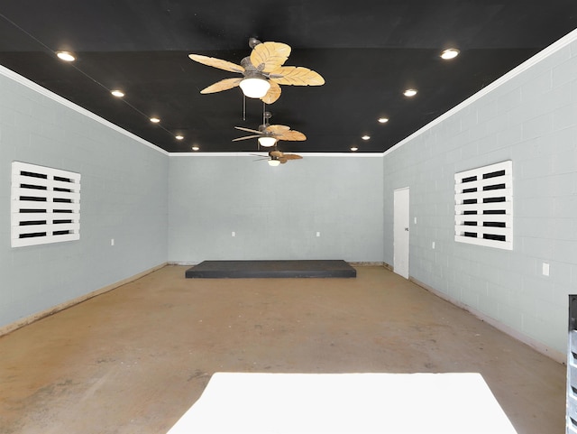 spare room with ornamental molding, recessed lighting, ceiling fan, and unfinished concrete flooring
