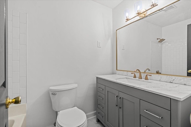 full bath featuring vanity, toilet, marble finish floor, visible vents, and baseboards