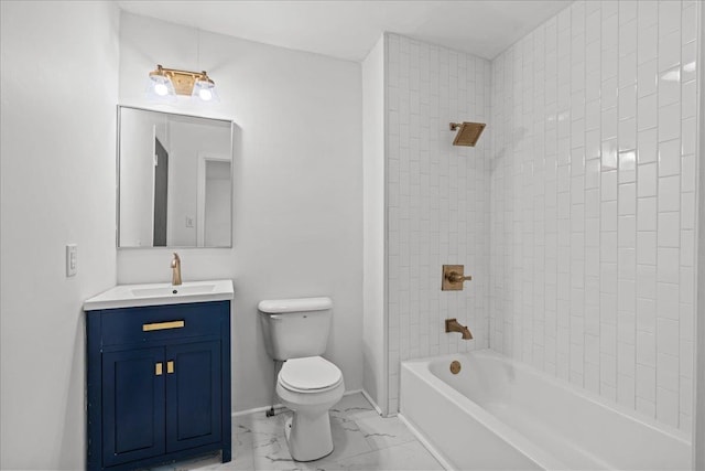 full bathroom featuring shower / bathtub combination, baseboards, toilet, vanity, and marble finish floor