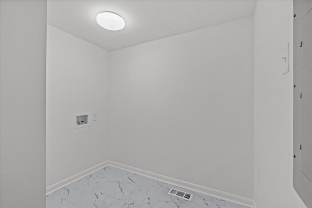 laundry room with washer hookup, visible vents, laundry area, baseboards, and marble finish floor