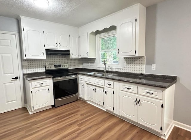 kitchen featuring stainless steel electric range oven, decorative backsplash, white cabinets, a sink, and under cabinet range hood