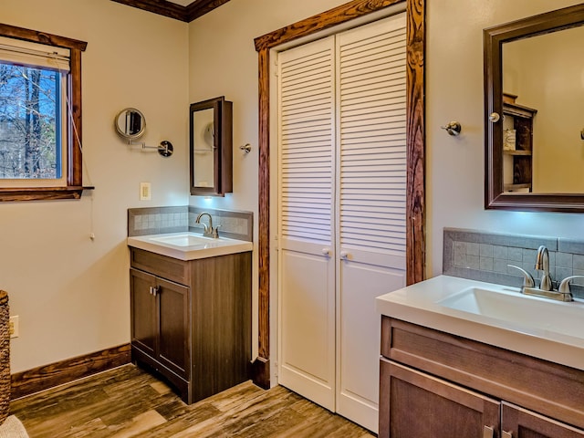 full bath featuring tasteful backsplash, two vanities, wood finished floors, and a sink