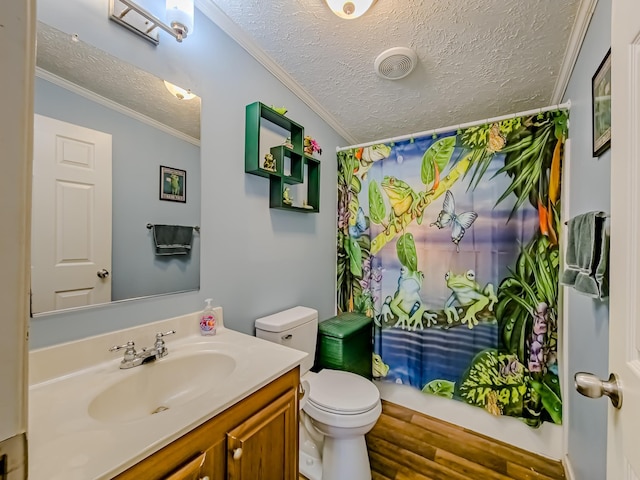 bathroom featuring a textured ceiling, vanity, toilet, and ornamental molding