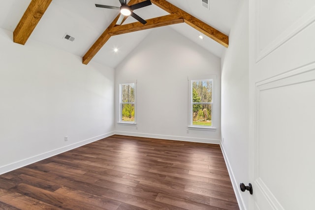 interior space featuring beamed ceiling, dark wood-style flooring, ceiling fan, high vaulted ceiling, and visible vents