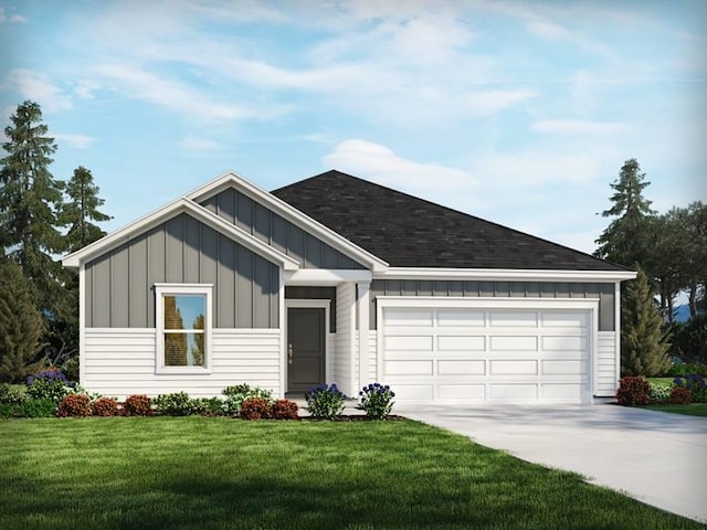 750 Treeline, Moore, SC 29369 - ranch-style house with board and batten siding, concrete driveway, a shingled roof, a front yard, and an attached garage
