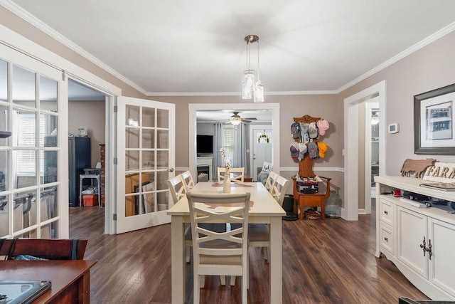 dining space featuring a ceiling fan, dark wood finished floors, and ornamental molding