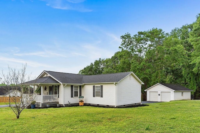 view of front of home with a front lawn, a garage, a porch, crawl space, and an outdoor structure