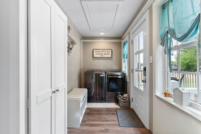interior space featuring washer and clothes dryer, wood finished floors, a healthy amount of sunlight, and attic access