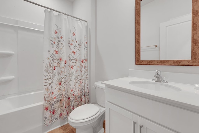 full bathroom with vanity, shower / bathtub combination with curtain, toilet, and tile patterned flooring
