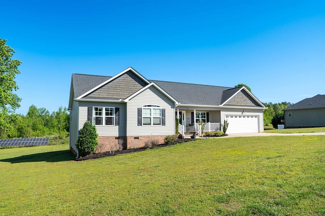 view of front of home with an attached garage, a porch, a front yard, crawl space, and concrete driveway