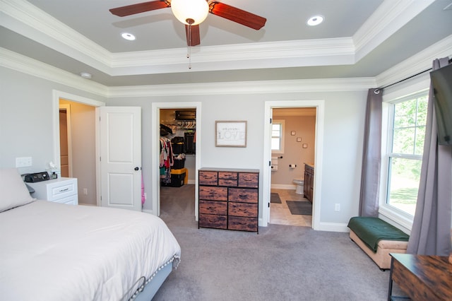 bedroom with crown molding, a closet, a spacious closet, light carpet, and a tray ceiling
