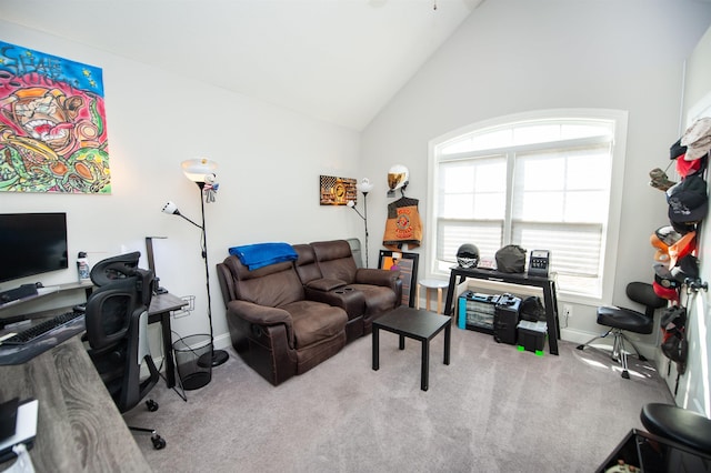 living room with baseboards, carpet, and high vaulted ceiling