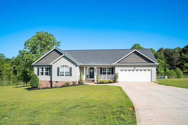 single story home with covered porch, an attached garage, driveway, and a front lawn