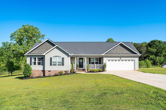 view of front facade with a garage, a front lawn, covered porch, crawl space, and concrete driveway