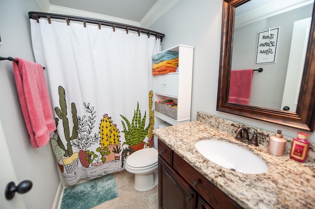 bathroom featuring crown molding, tile patterned flooring, curtained shower, vanity, and toilet