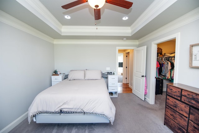 carpeted bedroom with a closet, ornamental molding, a tray ceiling, and a spacious closet