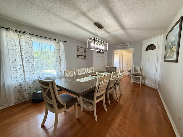 dining space with baseboards, a textured ceiling, and wood finished floors