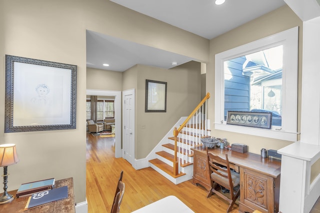 home office with recessed lighting, baseboards, and light wood finished floors