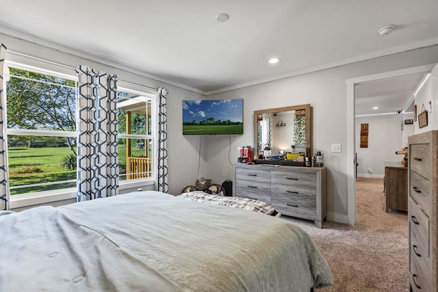 bedroom with baseboards, ornamental molding, carpet, and recessed lighting