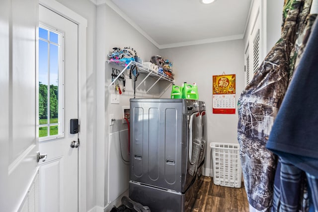 laundry room featuring crown molding, laundry area, wood finished floors, and washing machine and clothes dryer