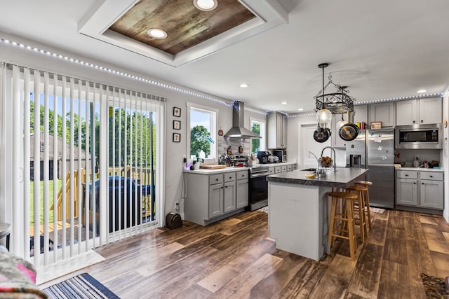 kitchen with wall chimney range hood, appliances with stainless steel finishes, gray cabinetry, a sink, and dark wood-style floors