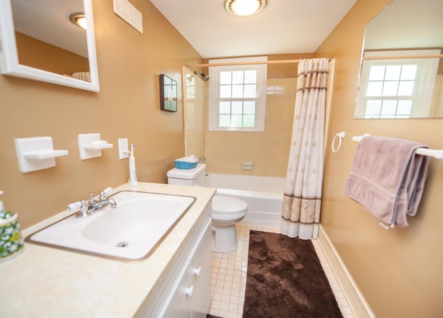 bathroom featuring vanity, toilet, tile patterned floors, shower / tub combo, and visible vents