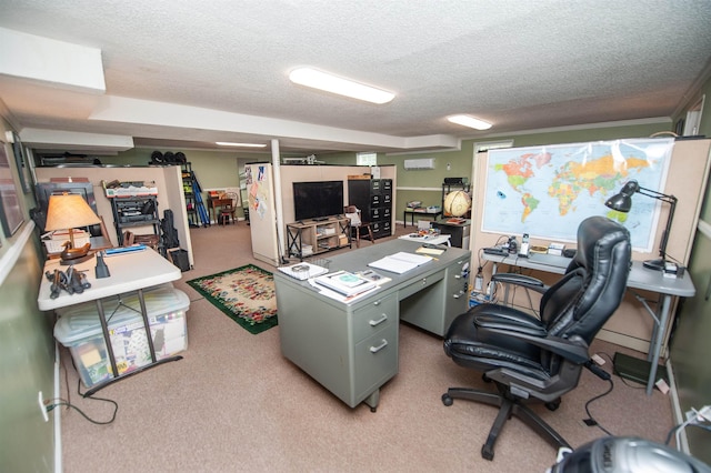 home office featuring light carpet and a textured ceiling