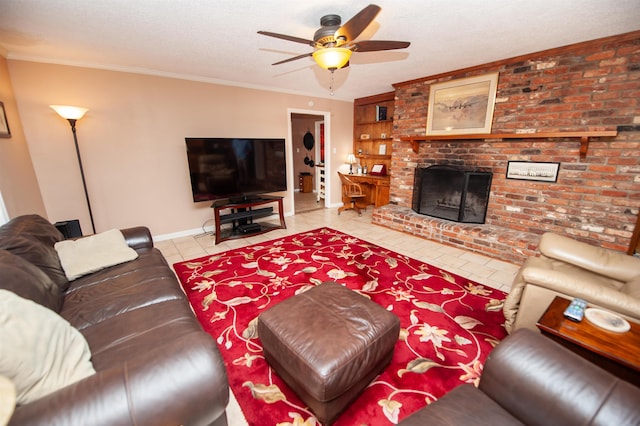 living area with a fireplace, tile patterned floors, a textured ceiling, a ceiling fan, and baseboards