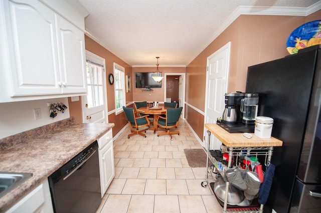 kitchen with light tile patterned flooring, white cabinetry, baseboards, ornamental molding, and black appliances