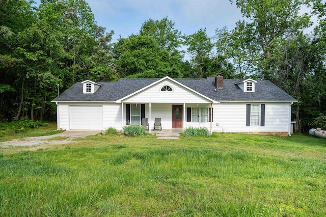 view of front of home with covered porch, a front yard, roof with shingles, a chimney, and dirt driveway