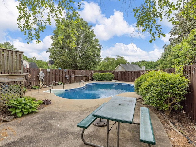 view of swimming pool featuring a patio, a fenced backyard, and a fenced in pool