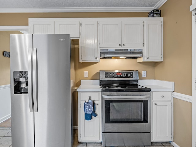 kitchen featuring baseboards, light countertops, white cabinetry, under cabinet range hood, and appliances with stainless steel finishes