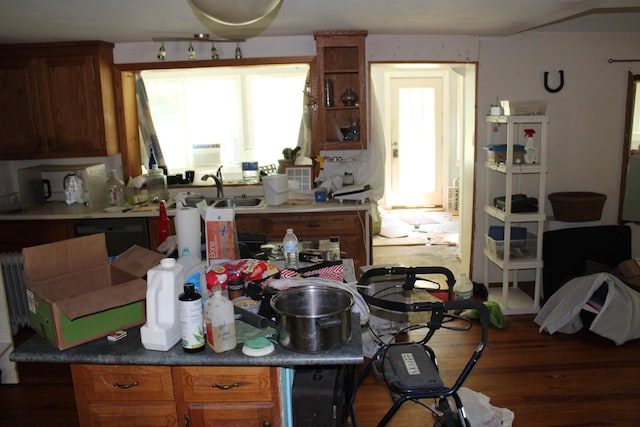 kitchen with brown cabinets, a sink, and wood finished floors