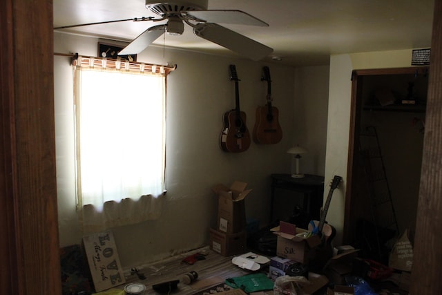 interior space featuring a ceiling fan, wood finished floors, and a healthy amount of sunlight