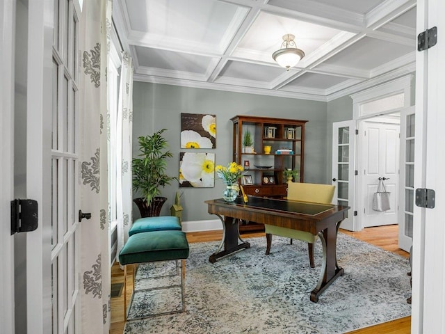 office area with coffered ceiling, french doors, and wood finished floors