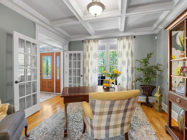 office with baseboards, beamed ceiling, french doors, and light wood-type flooring