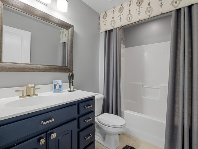 full bathroom with toilet, tile patterned floors, shower / tub combo with curtain, and vanity