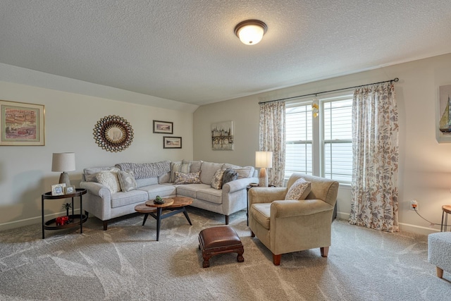 carpeted living area with baseboards and a textured ceiling