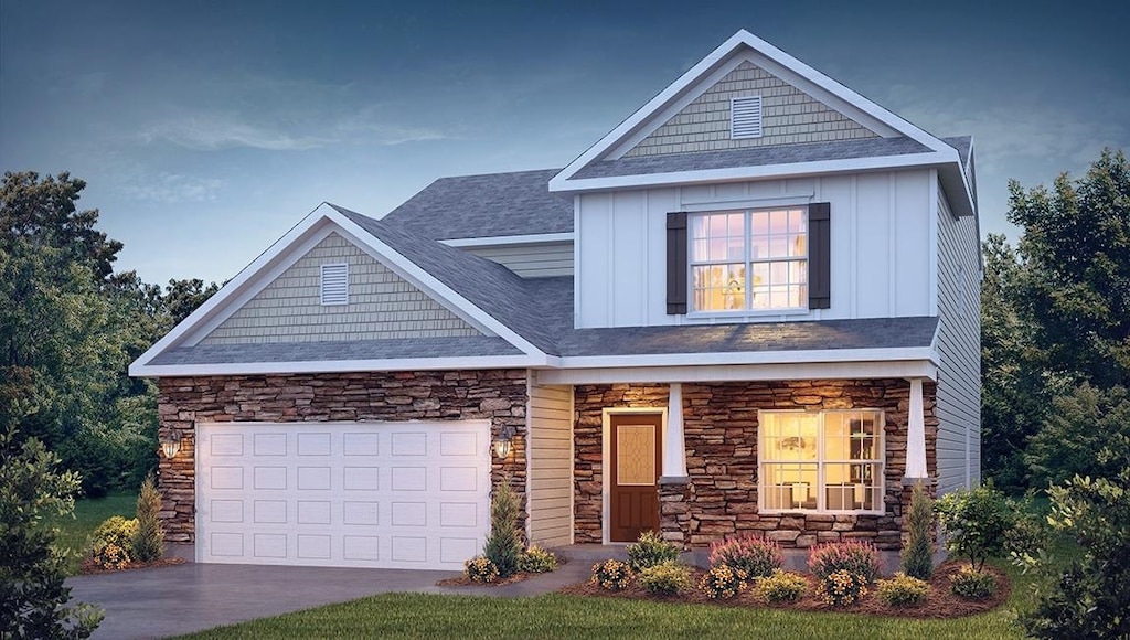 1338 Chamomile, Lyman, SC 29365 - craftsman-style home featuring board and batten siding, covered porch, stone siding, and a garage