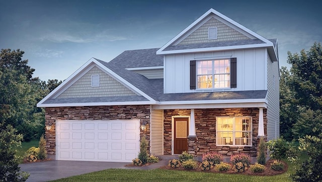 1338 Chamomile, Lyman, SC 29365 - craftsman-style home featuring board and batten siding, covered porch, stone siding, and a garage