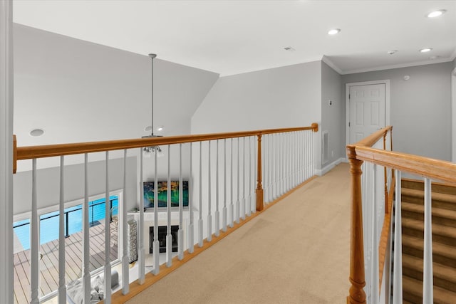 corridor featuring ornamental molding, carpet flooring, and recessed lighting