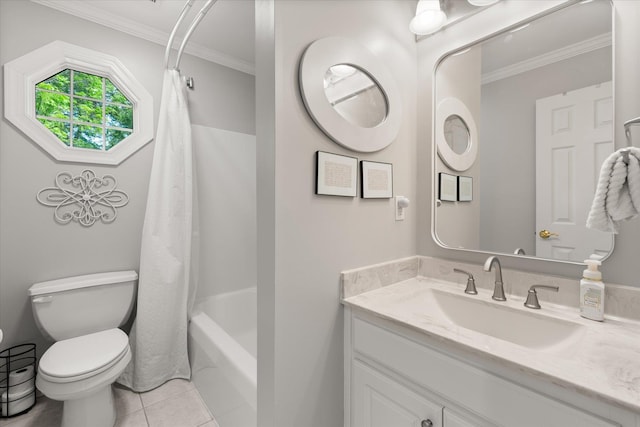 bathroom with shower / tub combo with curtain, vanity, toilet, tile patterned floors, and ornamental molding