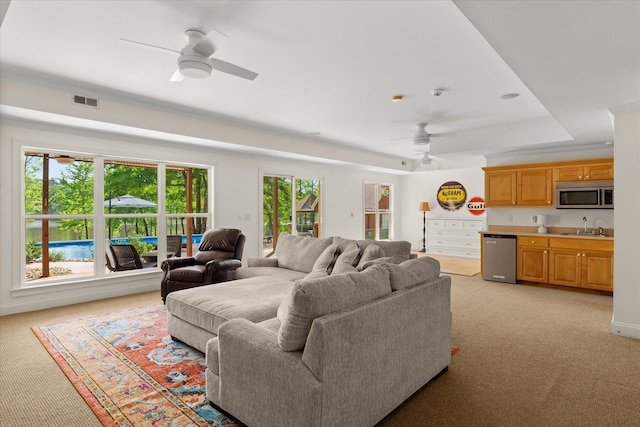 living room featuring visible vents, light carpet, indoor wet bar, a raised ceiling, and a ceiling fan
