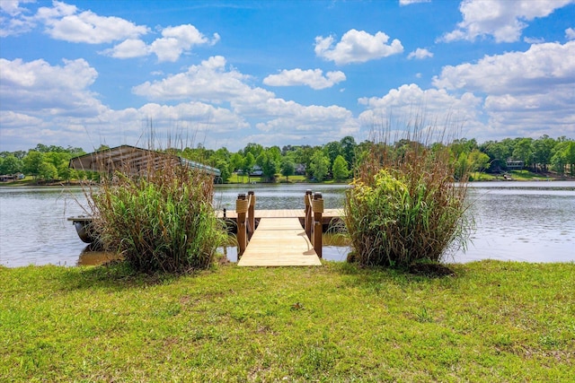 dock area with a yard and a water view