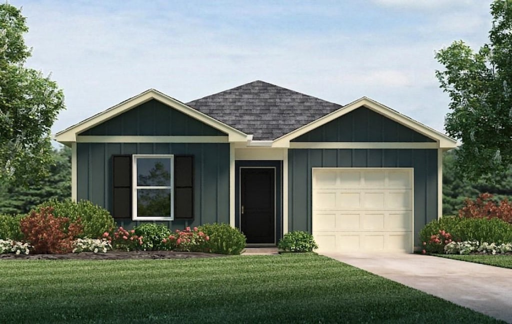 ranch-style home featuring a front yard, a shingled roof, board and batten siding, an attached garage, and driveway