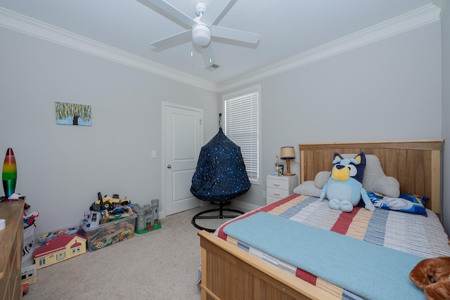 bedroom with crown molding, a ceiling fan, carpet, and visible vents