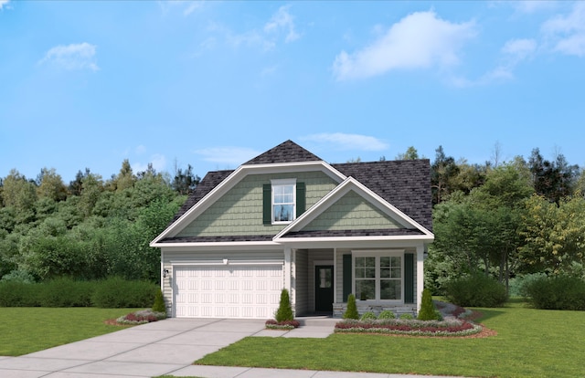 craftsman house featuring a porch, a garage, driveway, and a front lawn