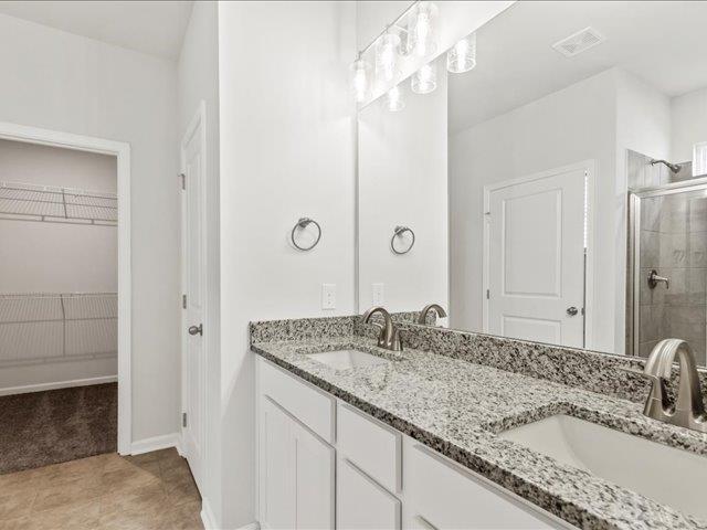 full bathroom featuring double vanity, a sink, a stall shower, and a spacious closet